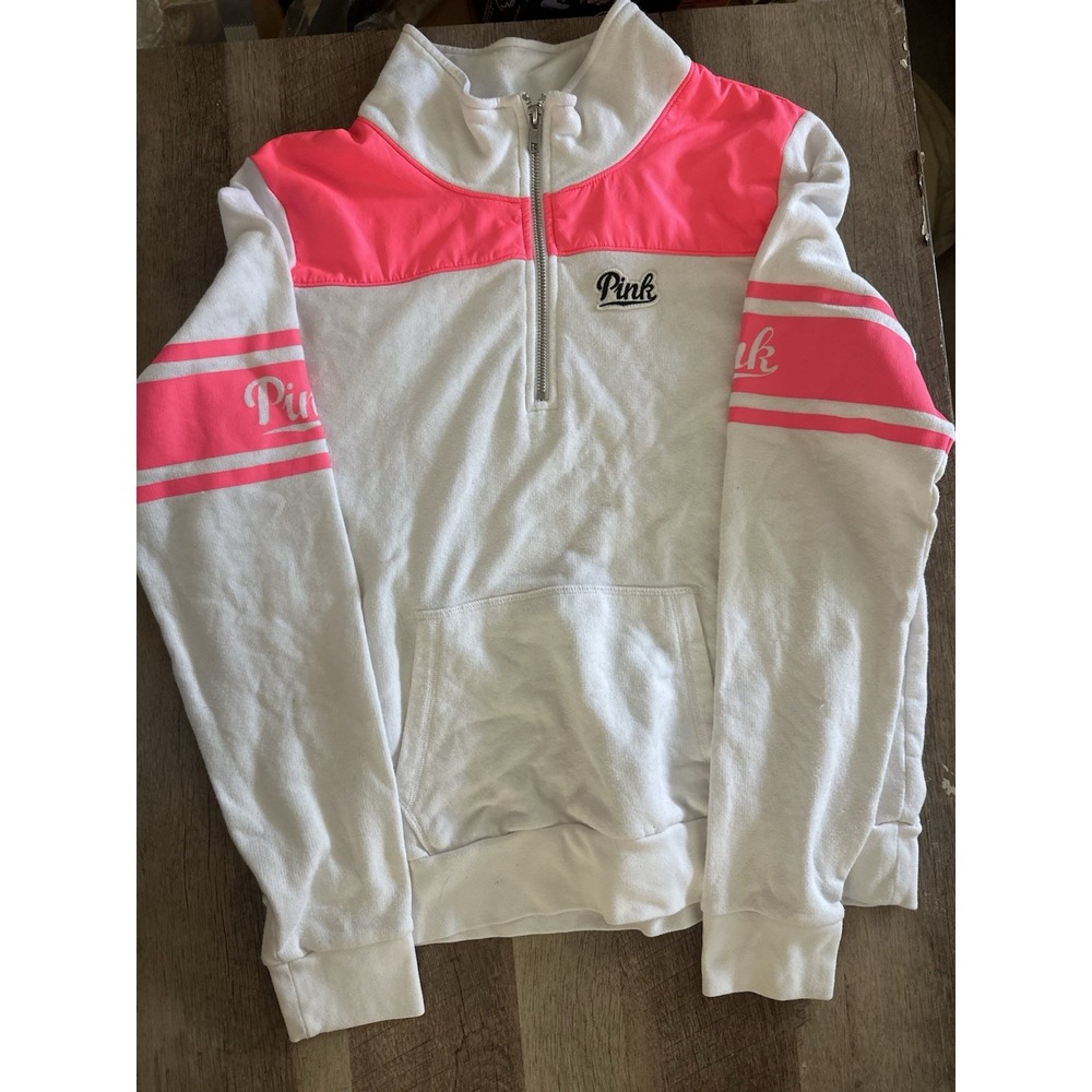 Victoria's Secret PINK Women's Large White Neon Pink Quarter-Zip Pullover